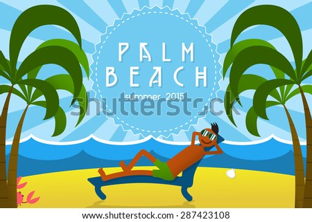 Tropical island vacation postcard with relaxing guy on palm beach. Summer vacation 2015 idea card. Summertime coast place concept with sand, sea and sun.