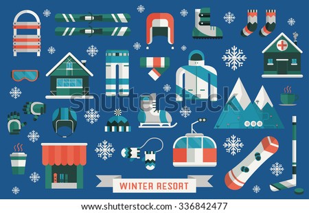 Winter sports gear pictogram collection. Winter resort icon set. Outdoor winter activity lifestyle concept icons. Snowboard sportswear, ski equipment and elements. Winter sports pictogram