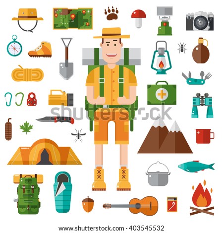 Backpacker camping set. Elements camping set of hiking gear in flat. Hiking gear collection and happy camper guy with tourist backpack. Vector camping set. Hiker character. Accessories for camping set