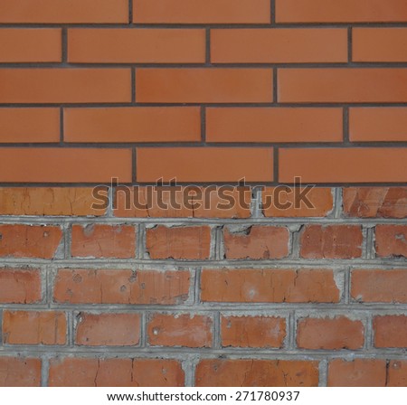 New and old, aged brick wall background next to each other. Abstract texture