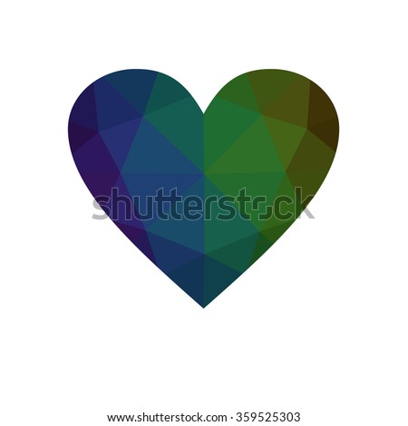 Green heart isolated on white background. Geometric rumpled triangular low poly origami style gradient graphic illustration. Raster polygonal design for your business.