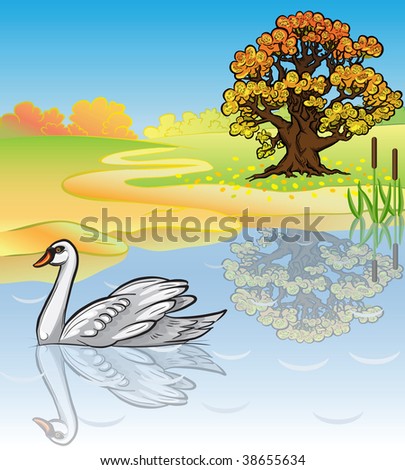 Vector autumn landscape. The blue sky, a tree with yellow foliage, lake, canes, a floating swan.