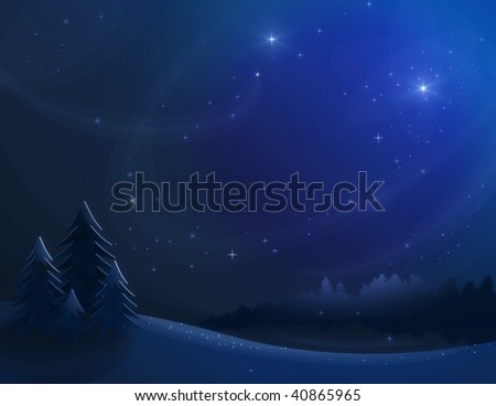 Winter night landscape with forest and furtrees.