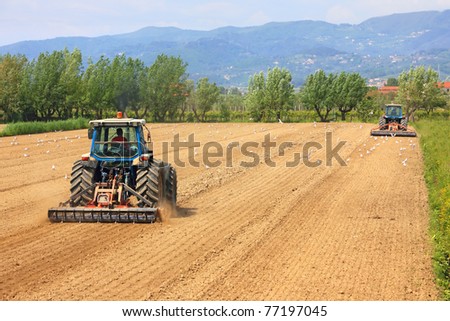 agriculture, two tractors working on a field