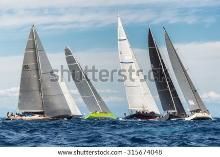PORTO CERVO - 8 SEPTEMBER: Maxi Yacht Rolex Cup sail boat race. The event is one of international sailing\'s most important and revered competitions. on September 8 2015 in Porto Cervo, Italy