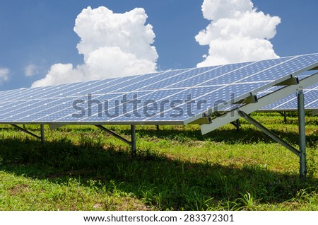 Solar panels with green field in bright sky day