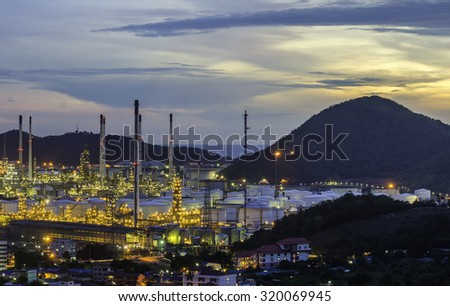 Oil Refinery factory at dark , petrochemical plant , Petroleum , Natural Gas storage tanks