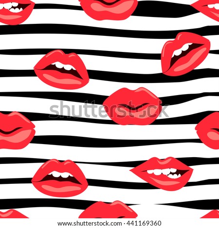 Cosmetics and makeup seamless pattern. Closeup beautiful lips of woman with red lipstick and gloss. Sexy wet lip make-up. Open mouth. Sweet kiss.