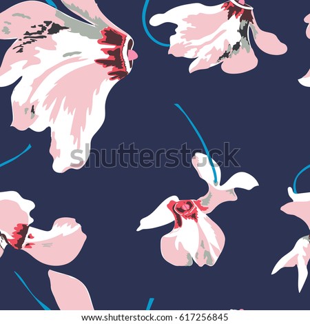 Floral seamless pattern with beautiful pink flowers. Tropical design. Exotic flowers. Pattern for summer fashion prints. Blooming jungle. Dark blue background. Vector illustration. Millefleurs
