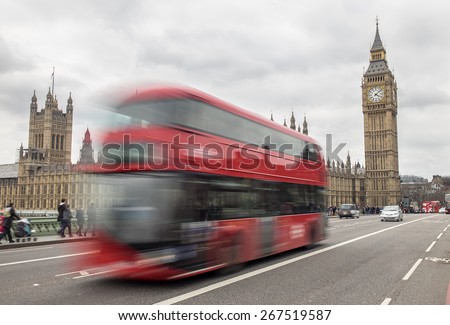 London, UK - April 4:London Bus passing Big Ben on westminster Bridge