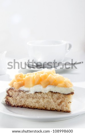 summer cake with diced honey melon on a white plate