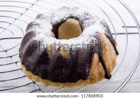 mini chocolate gugelhupf with powdered sugar on a baking rack