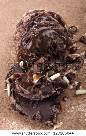 chocolate ice cream with chocolate curls and cocoa powder