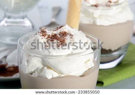 mocca cream dessert with whipped cream, cocoa powder and biscuit roll
