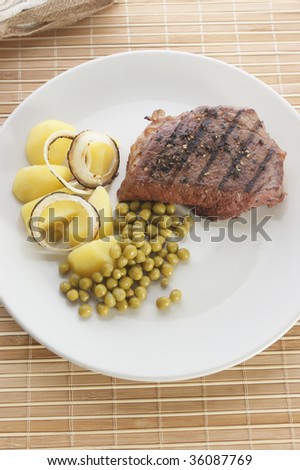 pepper steak with potato and organic pea