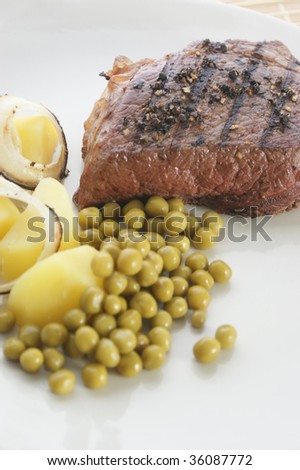 pepper steak with potato and organic pea
