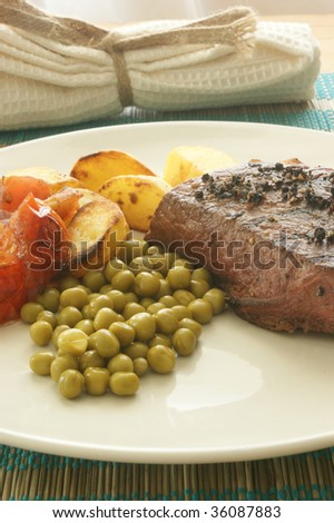 pepper steak with roasted potato and tomato