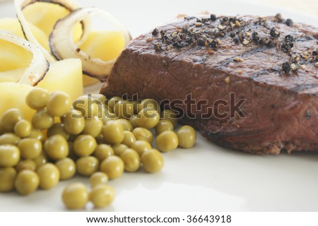 grilled pepper steak with some pea and potato on a white plate