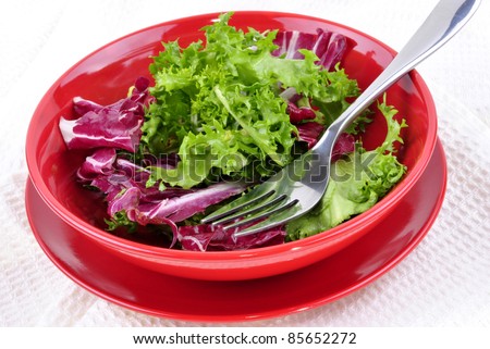 mixed leaf salad in a red bowl ready to eat and a fork