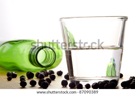Gin in a glass, a green bottle and juniper berries