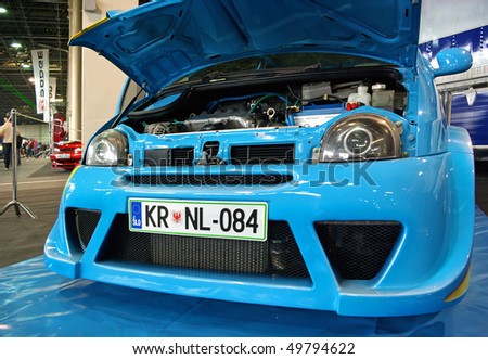 stock photo BUDAPEST MARCH 19 Front of a blue Renault Twingo tuned car