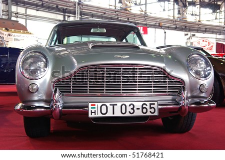 stock photo BUDAPESTAPRIL 16 Front of James Bond's car 1965's Aston 