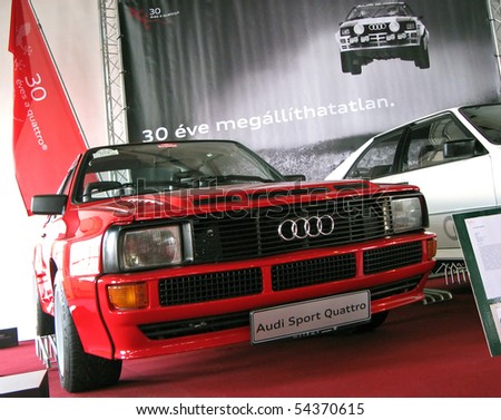 BUDAPEST-APRIL 16:  Front of four-wheel drived Audi Sport Quattro S1 road and rally car from 1980 at the 4th Oldtimer Expo on April 16, 2010 in Budapest, Hungary