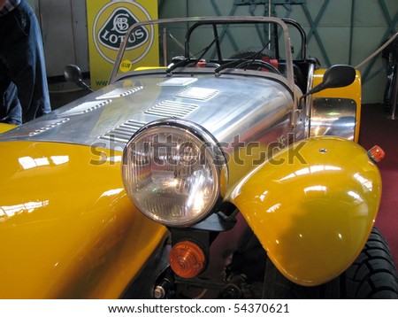 BUDAPEST - APRIL 16: Detail of old-timer 1970\'s yellow Lotus Super Seven at the 4th Oldtimer Expo on April 16, 2010 in Budapest, Hungary