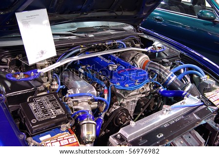 stock photo BUDAPESTMARCH 19 Tuned blue Nissan 200SX S14 car under hood