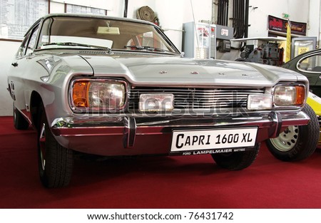 stock photo BUDAPEST APRIL 15 Front of 1974's Ford Mk1 Capri 1600XL at