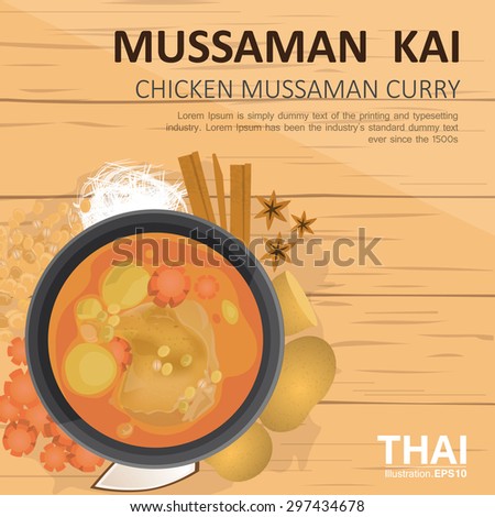 vector illustration design of Thai food, Mussaman kai,Thai Chicken Mussaman curry, with ingredients, top view