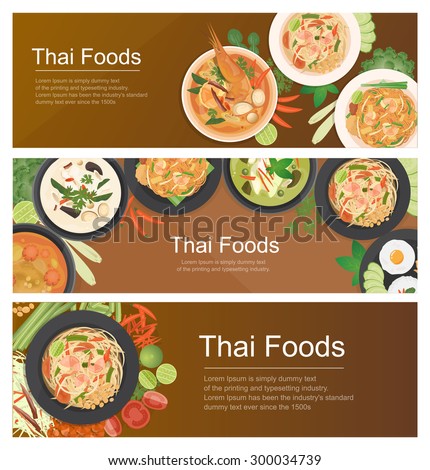 vector illustration Design of Asian food,Thai food banner, top view , horizontal, realistic, template