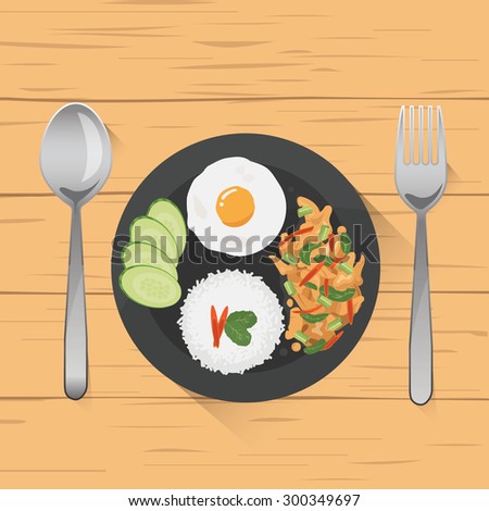 vector illustrator of Asian foods, Thai food, Pad kra pao gai, Thai basil chicken, top view