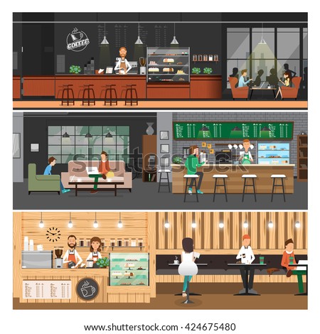 vector illustration of Cafe interior Banner,people inside ,coffee shop,counter bar,cartoon flat style
