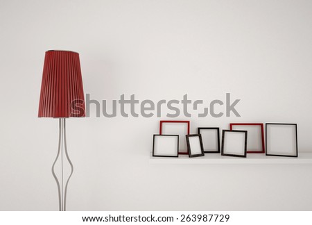 Abstract design red floor lamp and picture frames on the shelf in front of a pastel tone wall in the living room
