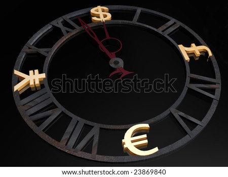 Mechanical clock with the image of money signs of world leaders