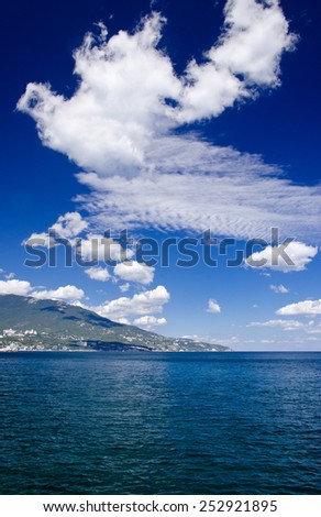 White clouds in the shape of a bird in the blue sky over the sea