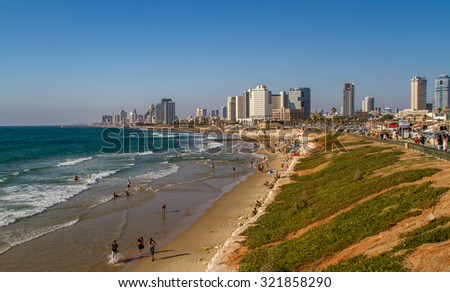 TEL-AVIV, ISRAEL - JULY 4: View of the waterfront from the port of Old Jaffa, sunset light in Tel Aviv, Israel on July 4, 2015