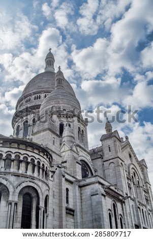 PARIS, FRANCE - 26 MAY,  2015: Famous Paris Basilica of the Sacred Heart located at the summit of the butte Montmartre