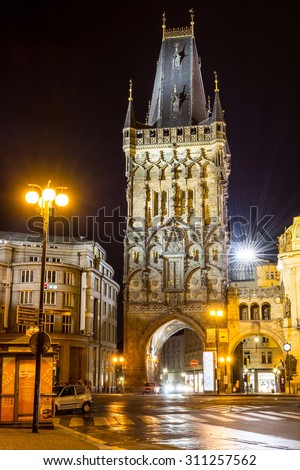 Czech Republic, Prague. 20 August 2015. The Powder Tower in Prague in the light of night lights. An architectural monument of the XV century. At the gate begins street Celetna