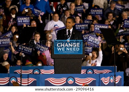 COLUMBIA, MO - OCTOBER 30: Then-Senator Barack Obama speaks at a campaign rally on the campus of the University of Missouri-Columbia on October 30, 2008.
