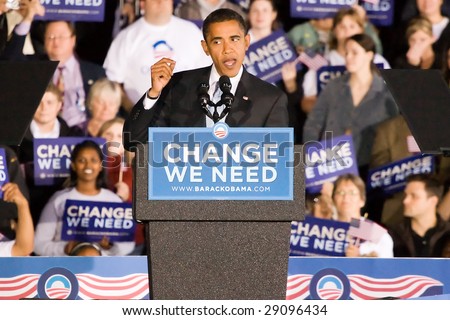COLUMBIA, MO - OCTOBER 30, 2008: Then-Senator Barack Obama speaks at a campaign rally on the campus of the University of Missouri-Columbia on October 30, 2008.