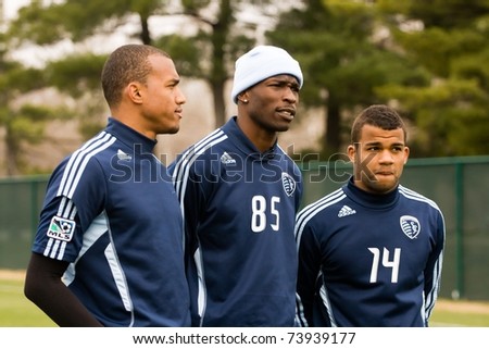 KANSAS CITY, MO - MAR 24: (l to r) Teal Bunbury, Chad Ochocinco and Kevin Ellis participate in a post-practice interview at the Sporting KC training facility in Kansas City March 24, 2011
