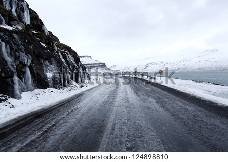 Open frozen roads in icelands east fjords in mid winter