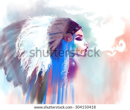 American Indian girl smoking a pipe, on a water color background. Indian woman with traditional make up and headdress looking to the side. Boho style fashion girl with blue hair. Smoke for message.