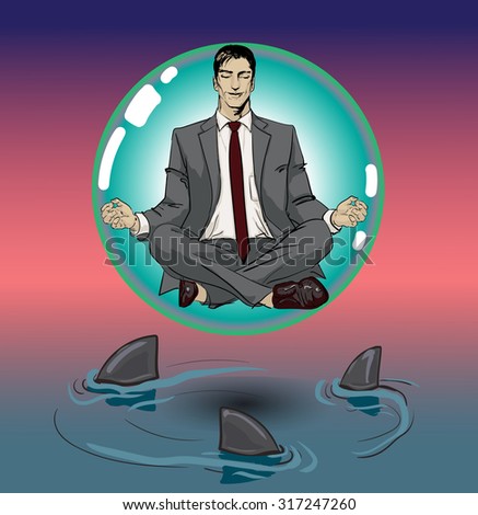 Ironic Satirical Illustration. Tired businessman working Peace of Mind. Silhouette of a man figure meditating on a ball, bubble.  Calm businessman sitting in yoga asana and smiling of Sharks business.