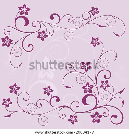 Composition from violet flowers and a pattern from leaves on a lilac background