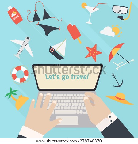 Man working on laptop with summer vacation symbols around. Dreaming about vacation vector background concept