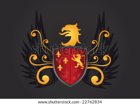 stock vector : Heraldic shield with eagle, wings, fleur de lis and lion.