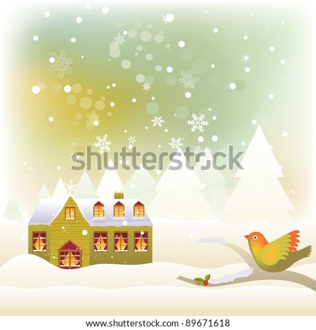Winter scene, bird on perched tree and a snow covered house by BibiDesign